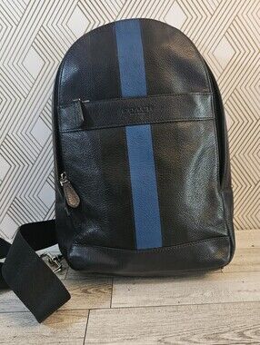 Coach F72226 Charles Pack Varsity Leather Sling Crossbody Bag Black Blue Stripe